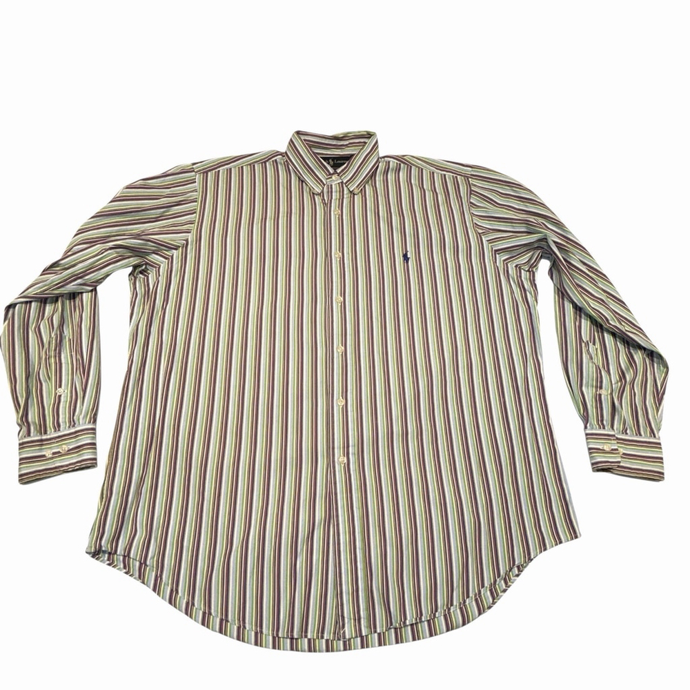 Ralph Lauren Button Down Shirt 16.5 Large Purple Green Cream Blue Navy Stripe